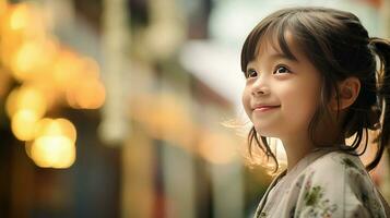 ai gerado pequeno menina sorridente para a Câmera foto