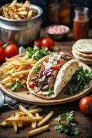 ai gerado dois delicioso tacos e crocantes fritas em uma prato foto