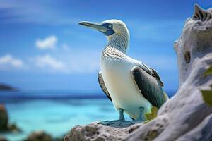 ai gerado a raro de pés azuis booby descansos em a de praia. ai gerado foto