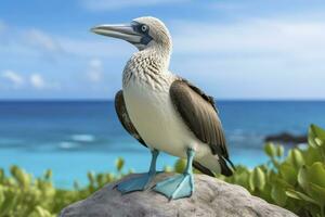 ai gerado a raro de pés azuis booby descansos em a de praia. ai gerado foto