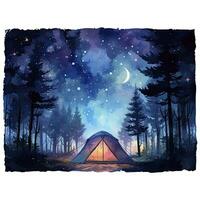 ai gerado uma acampamento barraca dentro a floresta com noite céu, aguarela para camiseta Projeto. ai gerado foto