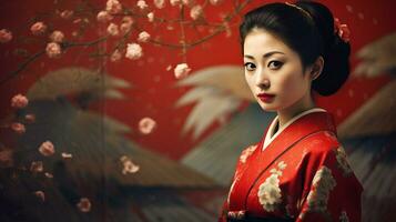 ai gerado mulher dentro uma vermelho quimono abraçando a beleza do cereja flores foto