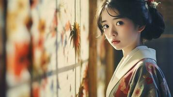 ai gerado mulher dentro tradicional quimono olhando através janela foto