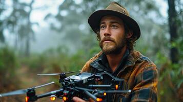 ai gerado jovem homem viajante dentro chapéu controlando quadcopter zangão com controlo remoto ao controle dentro floresta. foto