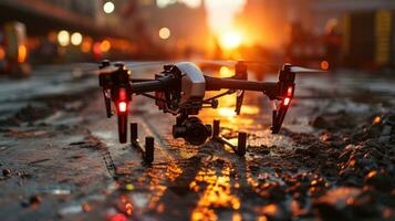 ai gerado zangão quadcopter com digital Câmera vôo sobre a cidade às noite. foto