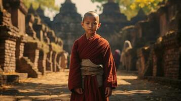 retrato do a novato monge dentro a bagan mandalay, myanmar foto