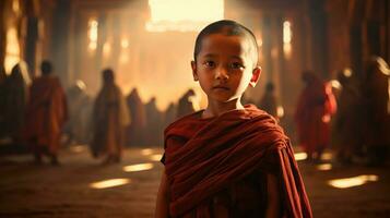 retrato do a novato monge dentro a bagan mandalay, myanmar foto