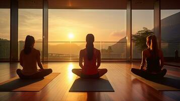 ai gerado jovem adulto mulher meditando às pôr do sol dentro a estúdio foto