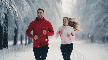 ai gerado ativo casal corrida juntos dentro inverno neve foto