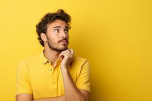 ai gerado sério jovem homem pensando em isolado amarelo fundo foto