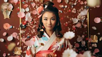 ai gerado uma mulher dentro uma quimono em pé dentro frente do flores foto