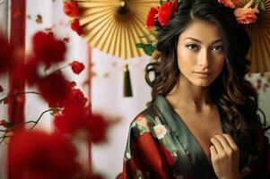 ai gerado mulher dentro quimono com floral cabelo acessórios foto