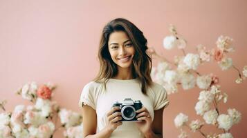 ai gerado mulher capturando momentos contra vibrante Rosa pano de fundo foto