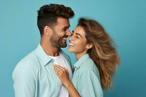 ai gerado jovem sorridente feliz casal isolado em azul fundo estúdio retrato. foto