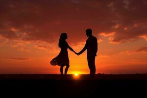 ai gerado silhueta do uma homem e uma mulher segurando mãos às pôr do sol. foto