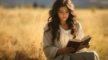 ai gerado lindo menina lendo Bíblia livro dentro a campo foto