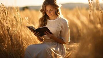 ai gerado lindo menina lendo Bíblia livro dentro a campo foto