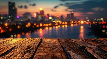 ai gerado em branco madeira de mesa com borrado noite cidade Horizonte e rio, mostruário, vida noturna, foto