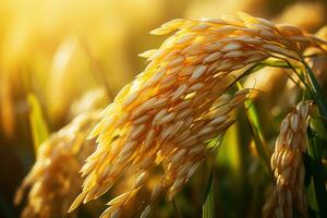 ai gerado orelha do arroz, arroz campo, fechar-se do amarelo arroz arroz campo com verde folha e luz solar dentro a manhã tempo. foto