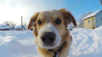 ai gerado olho de peixe retrato do cachorro em neve coberto campo, ai generativo foto