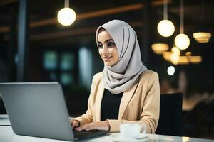 ai gerado retrato do muçulmano empresária vestindo hijab trabalho em Engenharia projeto faz documento e plantas análise. com poder digital empreendedor trabalho em comércio eletrônico comece projeto foto