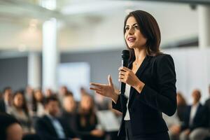 ai gerado fêmea alto falante dando uma conversa em corporativo o negócio conferência. irreconhecível pessoas dentro público às conferência corredor. o negócio e empreendedorismo evento foto