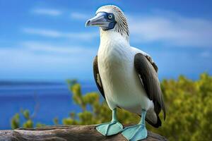 ai gerado a raro de pés azuis booby descansos em a de praia. ai gerado foto