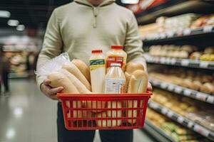 ai gerado homem segurando compras cesta com pão e leite mercearias dentro supermercado. ai gerado foto