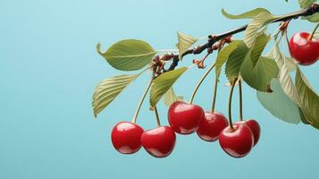 ai gerado ramo com cereja frutas em uma azul fundo foto