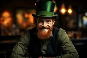 ai gerado alegre barbudo ruivo homem dentro uma ampla tradicional st. patrick's topo chapéu foto