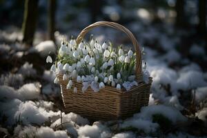 ai gerado cesta do snowdrops em a neve dentro a Primavera floresta foto