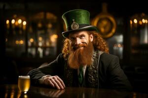 ai gerado alegre barbudo ruivo homem dentro uma ampla tradicional st. patrick's topo chapéu foto