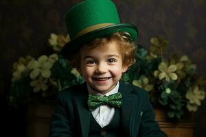 ai gerado alegre pequeno Garoto vestindo tradicional verde st. patrick's topo chapéu foto