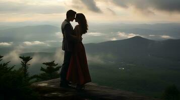 ai gerado Casamento casal abraçando em a topo do uma montanha dentro a manhã foto