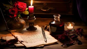 ai gerado pena caneta, tinteiro e vermelho rosas em uma de madeira mesa foto