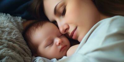 ai gerado mãe abraçando dela recém-nascido bebê , amoroso, alegre, ai gerado foto
