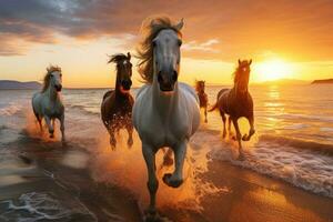 ai gerado cavalos corrida em de praia através mar água às pôr do sol. generativo ai foto