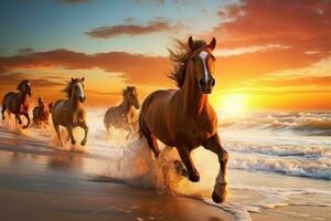 ai gerado cavalos corrida em de praia através mar água às pôr do sol. generativo ai foto