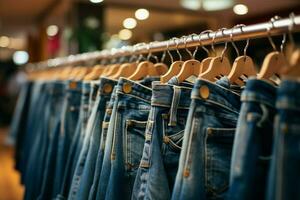 ai gerado jeans exibição jeans em cabides dentro roupas loja, Shopping moda foto