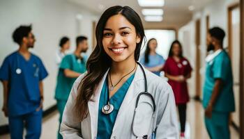 ai gerado jovem fêmea médico sorridente enquanto em pé dentro uma hospital corredor com uma diverso grupo do funcionários dentro a fundo foto