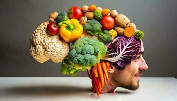 ai gerado humano cérebro fez do variedade do colorida vegetais, conceito do vegetariano, vegano, saudável nutrição foto