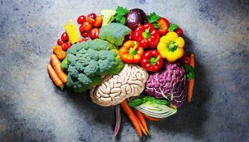 ai gerado humano cérebro fez do variedade do colorida vegetais, conceito do vegetariano, vegano, saudável nutrição foto