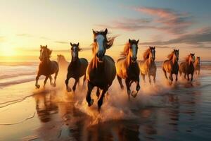 ai gerado cavalos corrida em de praia através mar água às pôr do sol. generativo ai foto