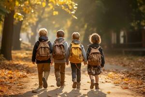 ai gerado colegiais estão caminhando baixa a rua. costas visualizar. foto