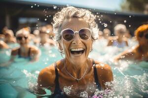 ai gerado idosos feliz mulheres Faz aqua aeróbica dentro a interior piscina. grupo do mais velho mulheres às aqua Academia sessão foto