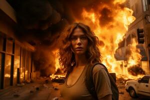 ai gerado uma mulher em pé dentro frente do uma queimando construção bokeh estilo fundo com generativo ai foto