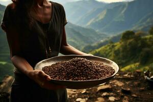 ai gerado uma mulher segurando uma madeira bandeja do café feijões dentro frente do natureza fundo bokeh estilo fundo com generativo ai foto