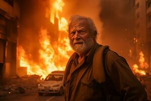 ai gerado a velho homem em pé dentro frente do uma queimando construção bokeh estilo fundo com generativo ai foto