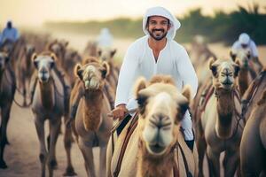 ai gerado alegre turista em grupo camelo passeio dentro deserto foto