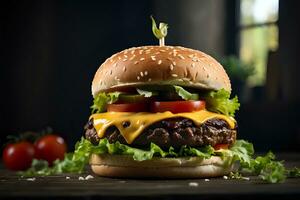 ai gerado delicioso hamburguer com suculento carne, derretido queijo, e fresco condimentos foto